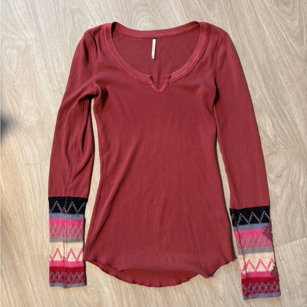 Free People Red Long Sleeve Top with Patterned Cuffs